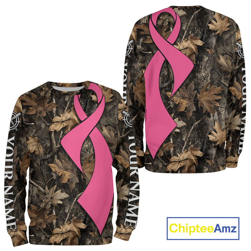 Custom Name Pink Ribbon Brown Camo Forest Brown Hunting Shirt, Breast Cancer Awareness Apparel NHT1619