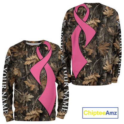 Custom Name Pink Ribbon Brown Camo Forest Brown Hunting Shirt, Breast Cancer Awareness Apparel NHT1619
