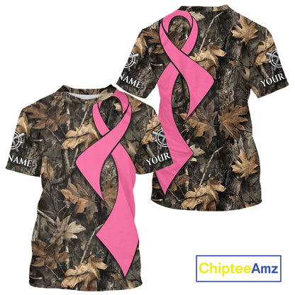 Custom Name Pink Ribbon Brown Camo Forest Brown Hunting Shirt, Breast Cancer Awareness Apparel NHT1619