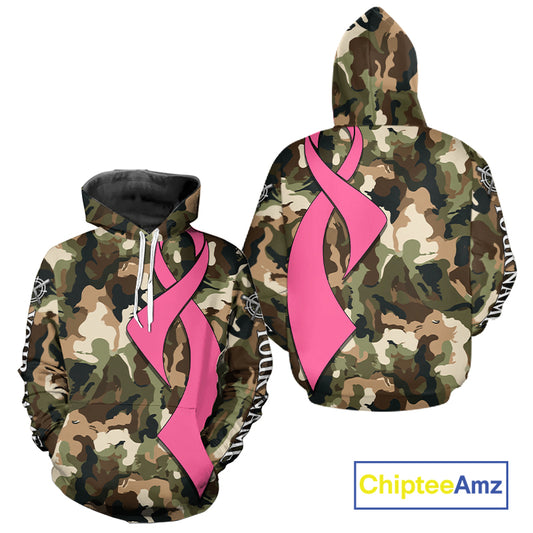 Custom Pink Ribbon Woodland Camo Hunting Shirt, Personalized Awareness Hunting Shirt NHT1620