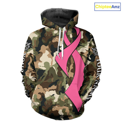Custom Pink Ribbon Woodland Camo Hunting Shirt, Personalized Awareness Hunting Shirt NHT1620