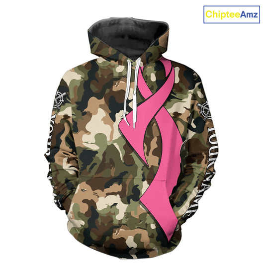 Custom Pink Ribbon Woodland Camo Hunting Shirt, Personalized Awareness Hunting Shirt NHT1620