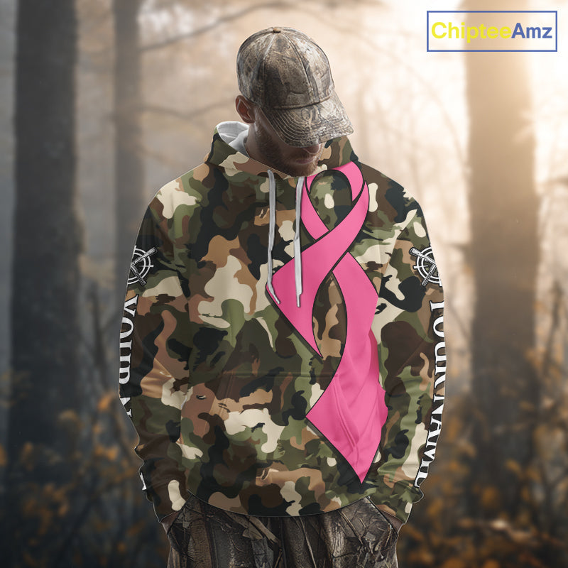 Custom Pink Ribbon Woodland Camo Hunting Shirt, Personalized Awareness Hunting Shirt NHT1620