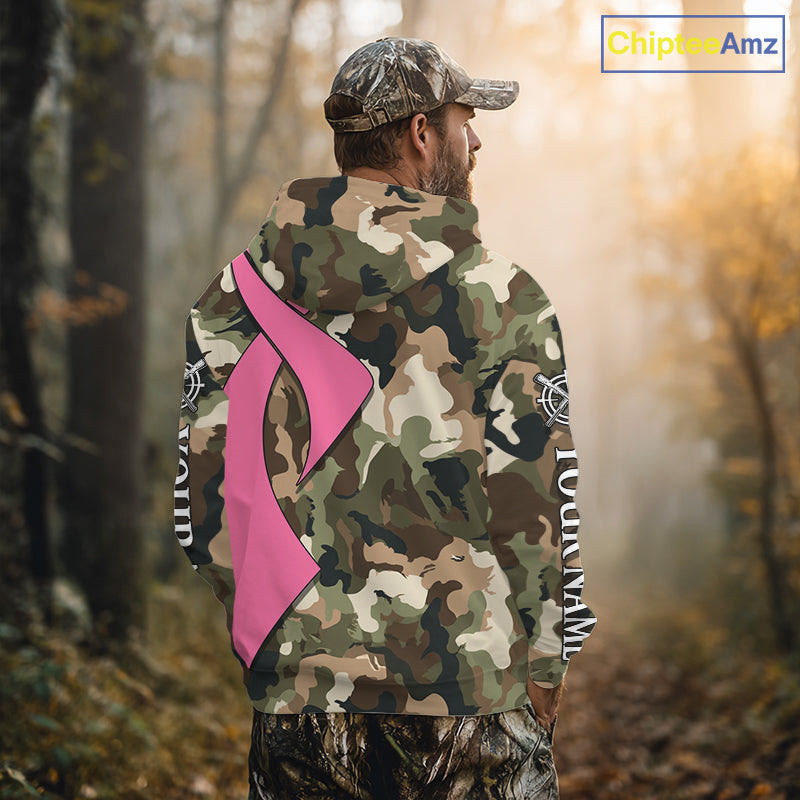 Custom Pink Ribbon Woodland Camo Hunting Shirt, Personalized Awareness Hunting Shirt NHT1620