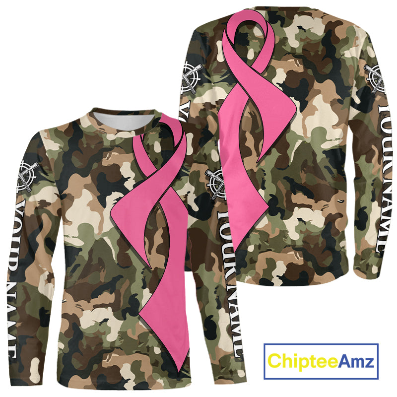 Custom Pink Ribbon Woodland Camo Hunting Shirt, Personalized Awareness Hunting Shirt NHT1620