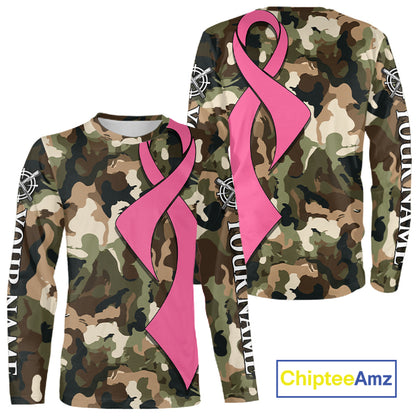 Custom Pink Ribbon Woodland Camo Hunting Shirt, Personalized Awareness Hunting Shirt NHT1620