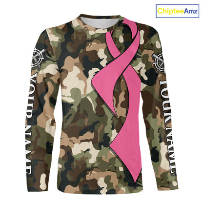 Custom Pink Ribbon Woodland Camo Hunting Shirt, Personalized Awareness Hunting Shirt NHT1620