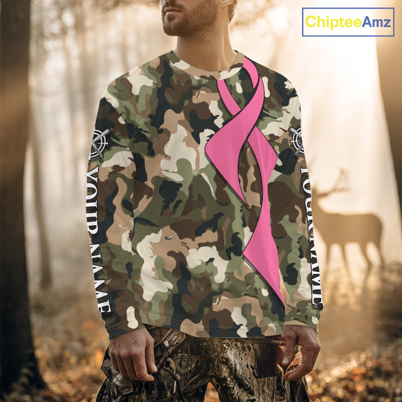 Custom Pink Ribbon Woodland Camo Hunting Shirt, Personalized Awareness Hunting Shirt NHT1620
