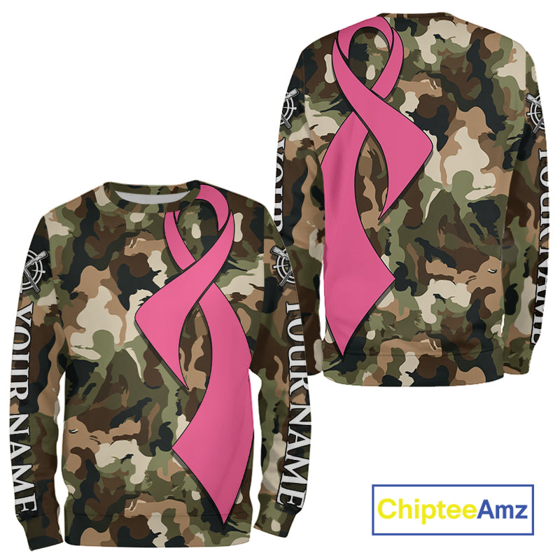 Custom Pink Ribbon Woodland Camo Hunting Shirt, Personalized Awareness Hunting Shirt NHT1620