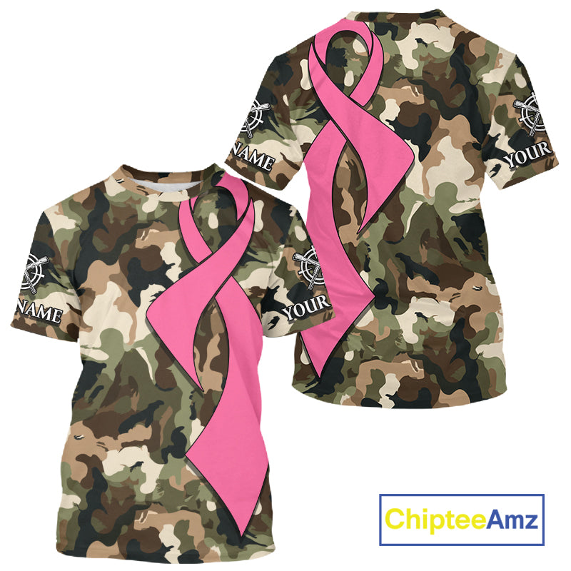Custom Pink Ribbon Woodland Camo Hunting Shirt, Personalized Awareness Hunting Shirt NHT1620