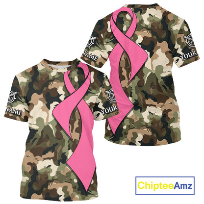 Custom Pink Ribbon Woodland Camo Hunting Shirt, Personalized Awareness Hunting Shirt NHT1620
