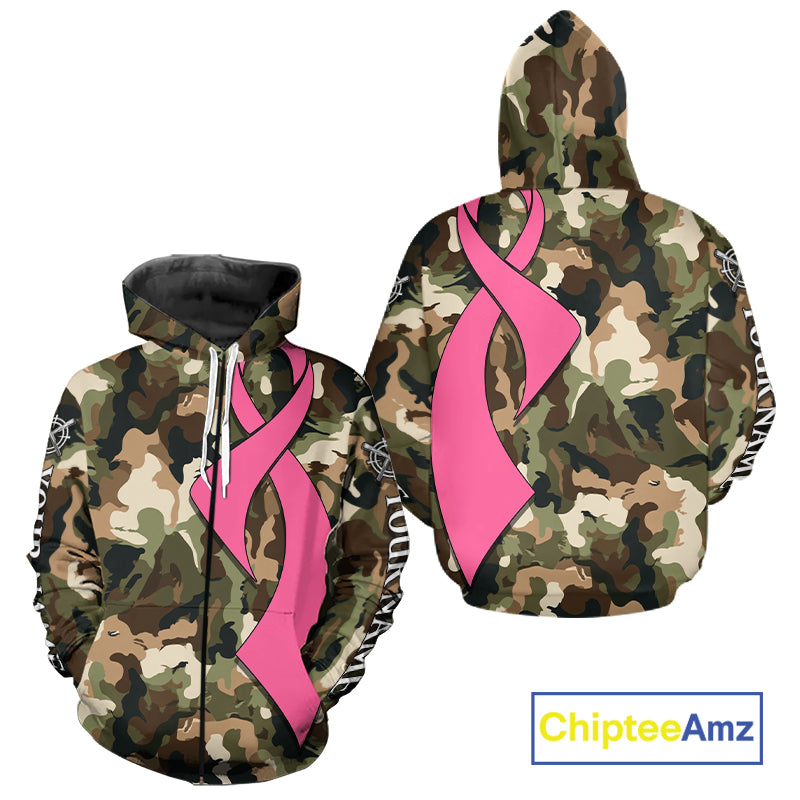 Custom Pink Ribbon Woodland Camo Hunting Shirt, Personalized Awareness Hunting Shirt NHT1620