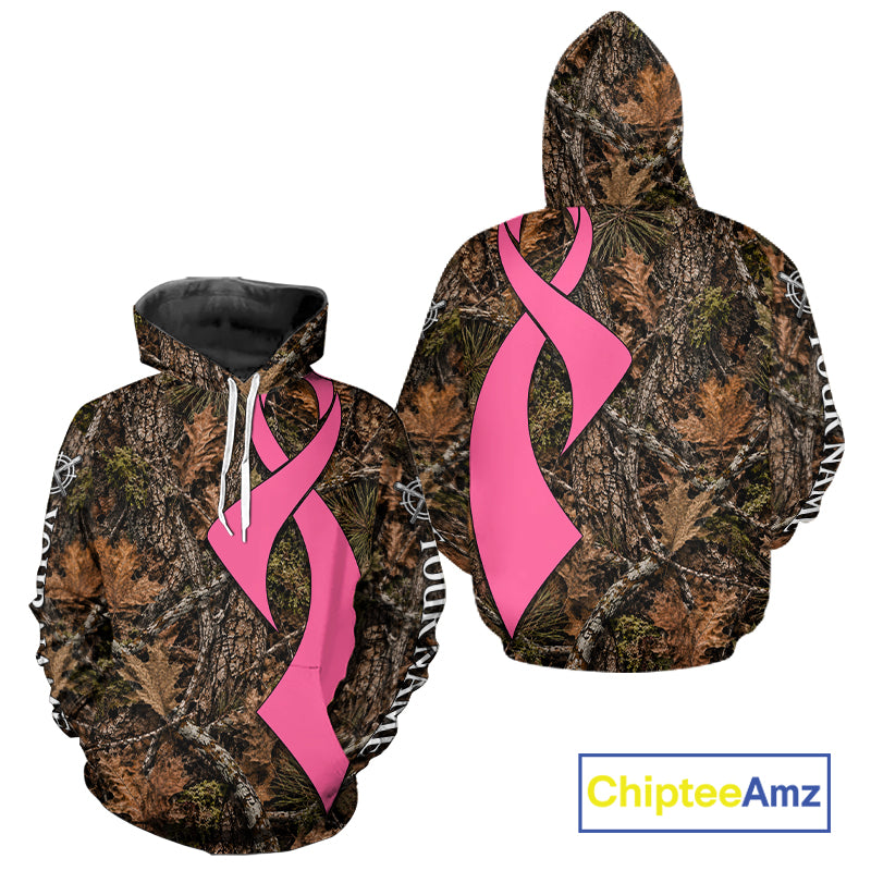 Custom Name Pink Ribbon Timber Forest Camo Long Sleeve Shirt, Breast Cancer Awareness Apparel NHT1621
