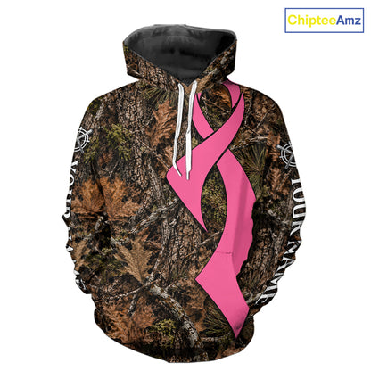 Custom Name Pink Ribbon Timber Forest Camo Long Sleeve Shirt, Breast Cancer Awareness Apparel NHT1621