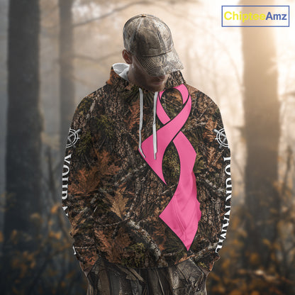 Custom Name Pink Ribbon Timber Forest Camo Long Sleeve Shirt, Breast Cancer Awareness Apparel NHT1621