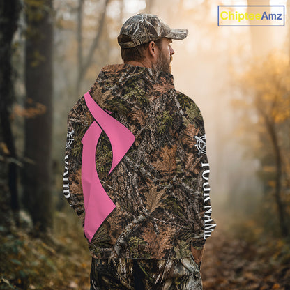 Custom Name Pink Ribbon Timber Forest Camo Long Sleeve Shirt, Breast Cancer Awareness Apparel NHT1621