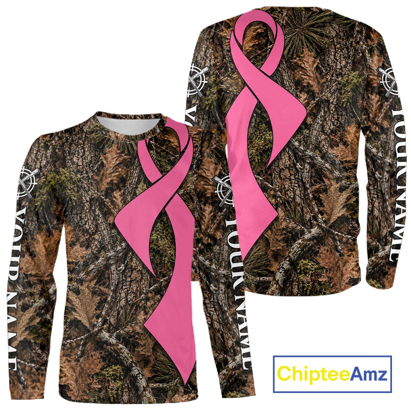 Custom Name Pink Ribbon Timber Forest Camo Long Sleeve Shirt, Breast Cancer Awareness Apparel NHT1621