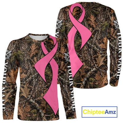 Custom Name Pink Ribbon Timber Forest Camo Long Sleeve Shirt, Breast Cancer Awareness Apparel NHT1621