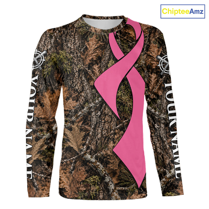 Custom Name Pink Ribbon Timber Forest Camo Long Sleeve Shirt, Breast Cancer Awareness Apparel NHT1621