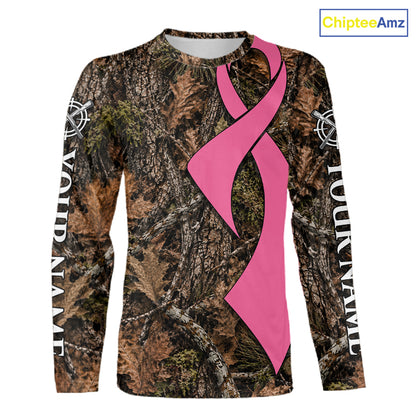 Custom Name Pink Ribbon Timber Forest Camo Long Sleeve Shirt, Breast Cancer Awareness Apparel NHT1621