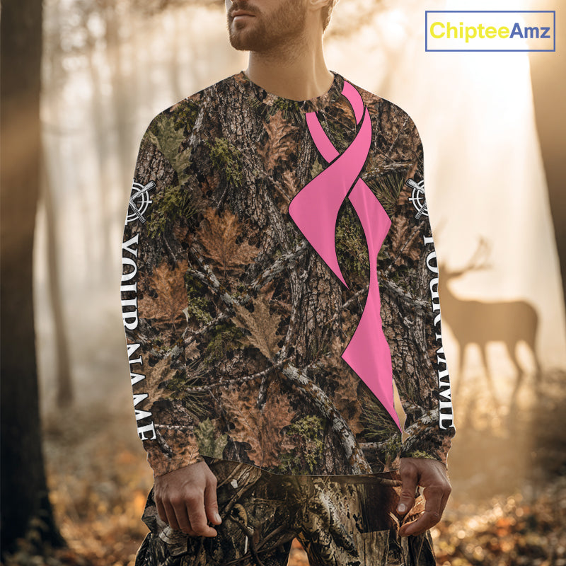 Custom Name Pink Ribbon Timber Forest Camo Long Sleeve Shirt, Breast Cancer Awareness Apparel NHT1621