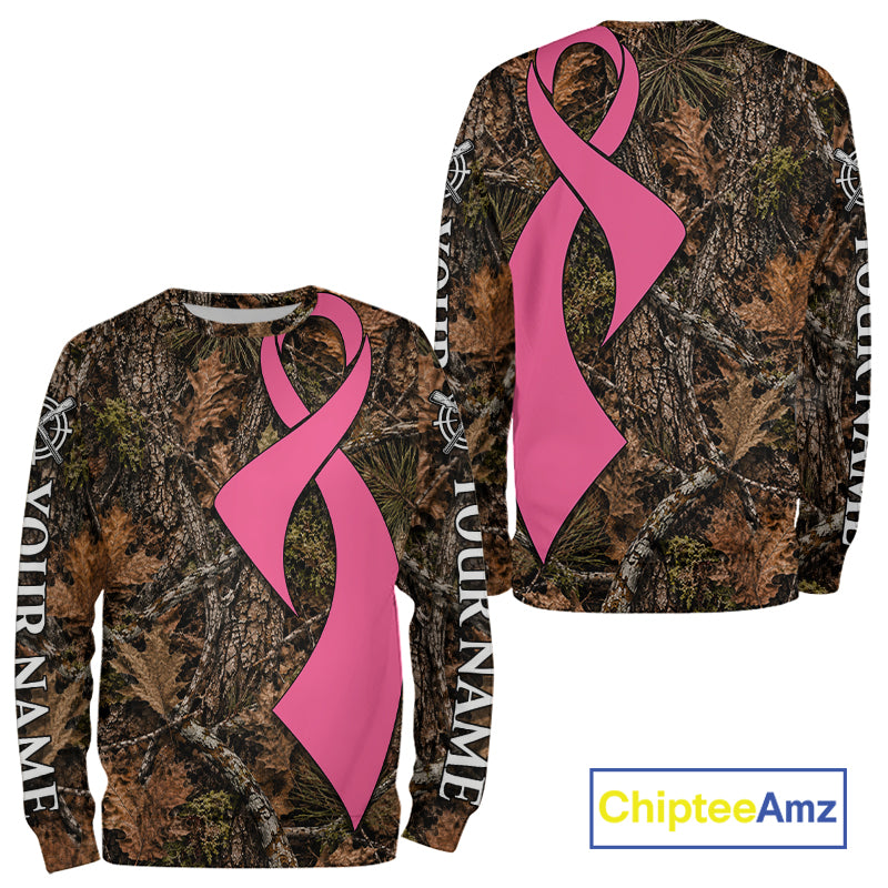 Custom Name Pink Ribbon Timber Forest Camo Long Sleeve Shirt, Breast Cancer Awareness Apparel NHT1621