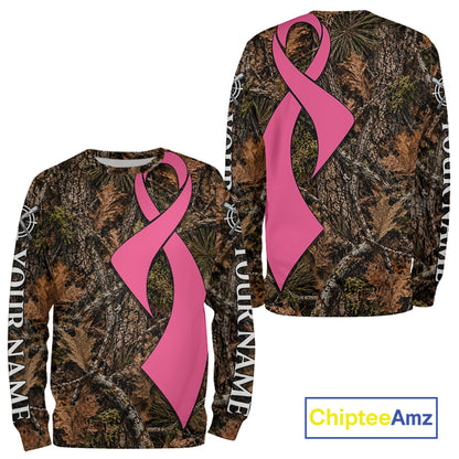 Custom Name Pink Ribbon Timber Forest Camo Long Sleeve Shirt, Breast Cancer Awareness Apparel NHT1621
