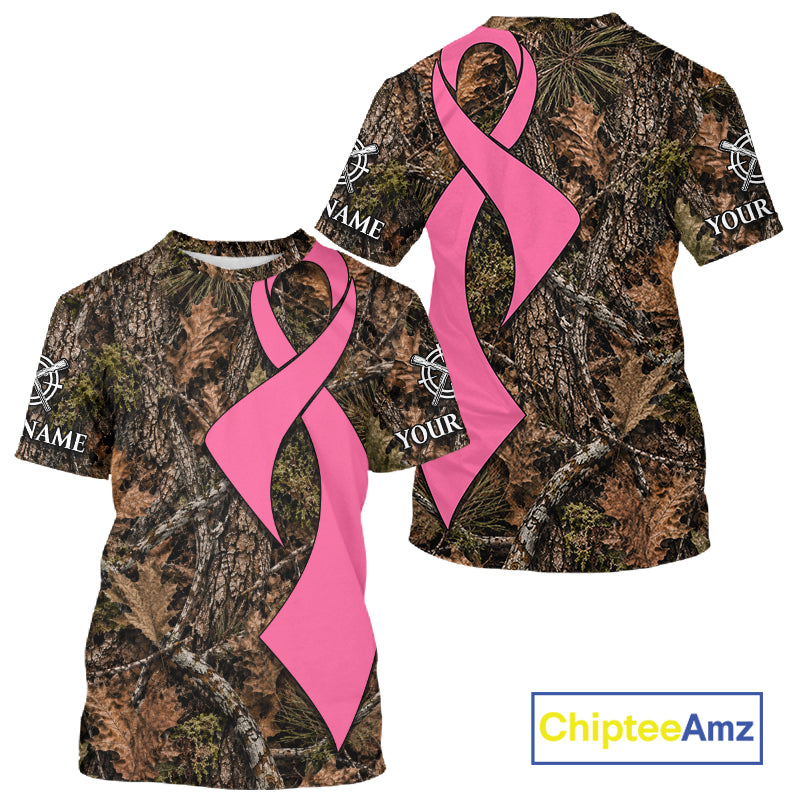 Custom Name Pink Ribbon Timber Forest Camo Long Sleeve Shirt, Breast Cancer Awareness Apparel NHT1621