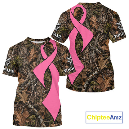 Custom Name Pink Ribbon Timber Forest Camo Long Sleeve Shirt, Breast Cancer Awareness Apparel NHT1621