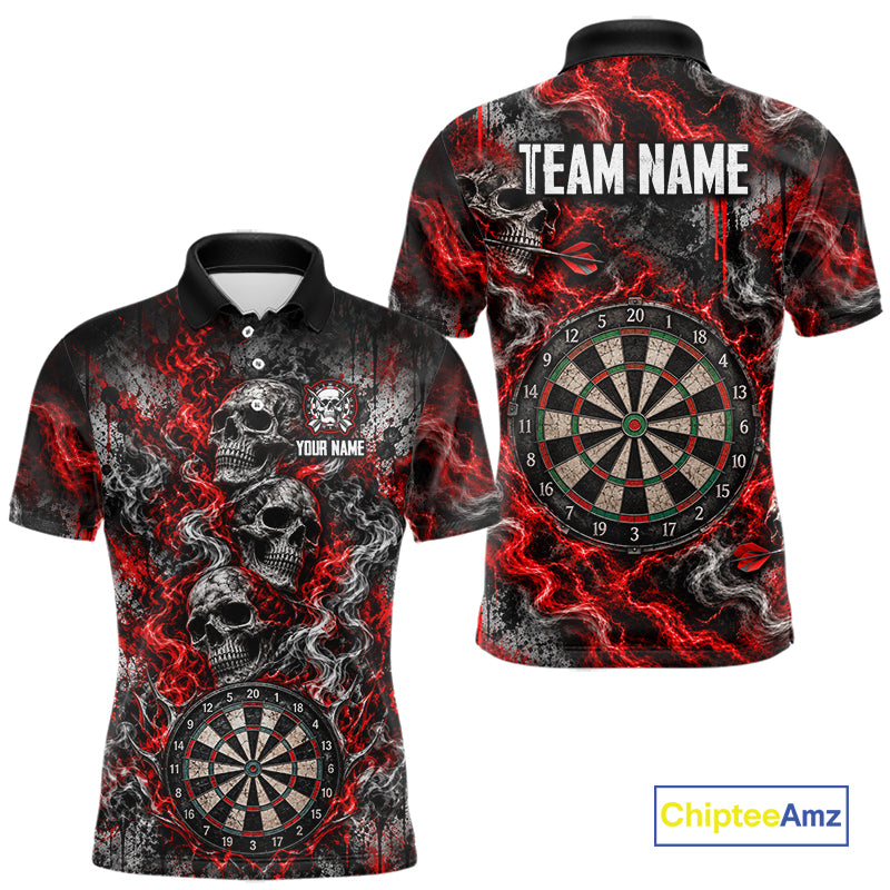 Red Fire Triple Skull Darts Polo Shirt For Men Custom Quarter Zip Dart Board Tournament Jersey NHT1801