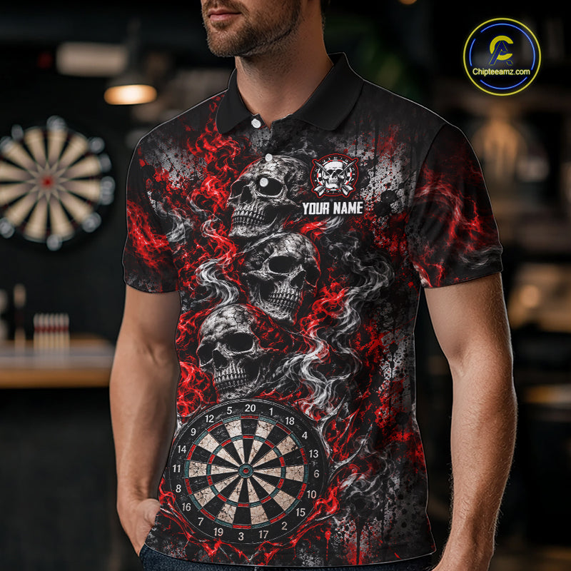 Red Fire Triple Skull Darts Polo Shirt For Men Custom Quarter Zip Dart Board Tournament Jersey NHT1801