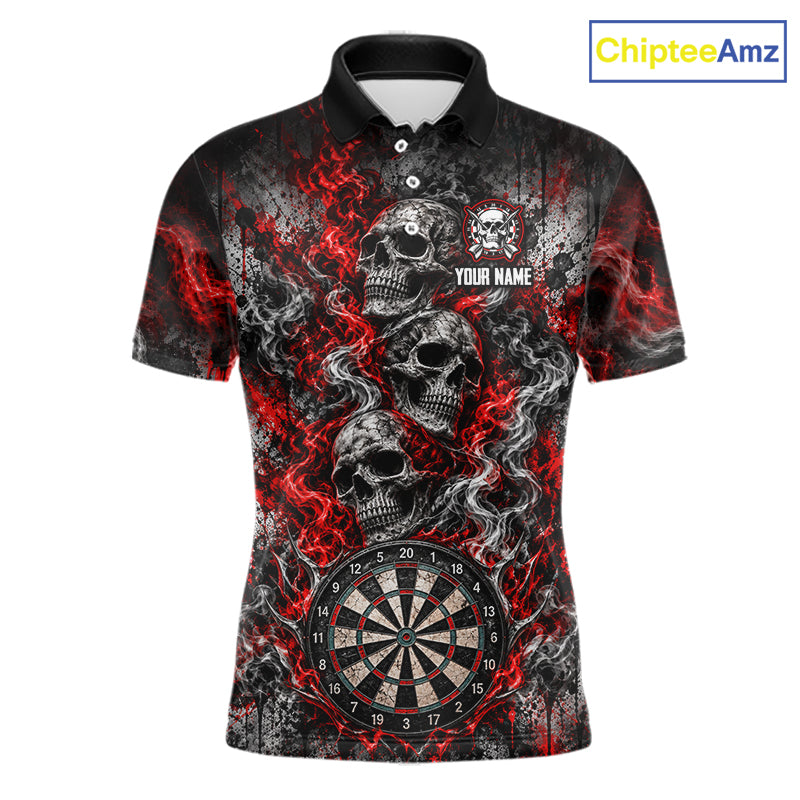 Red Fire Triple Skull Darts Polo Shirt For Men Custom Quarter Zip Dart Board Tournament Jersey NHT1801