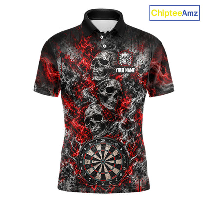 Red Fire Triple Skull Darts Polo Shirt For Men Custom Quarter Zip Dart Board Tournament Jersey NHT1801