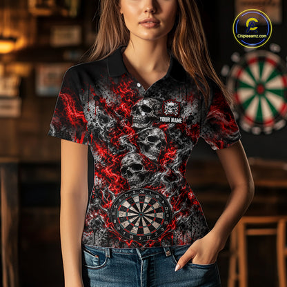 Red Fire Triple Skull Darts Polo Shirt For Women Custom Quarter Zip Dart Board Tournament Jersey NHT1801