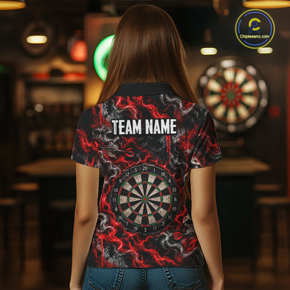 Red Fire Triple Skull Darts Polo Shirt For Women Custom Quarter Zip Dart Board Tournament Jersey NHT1801