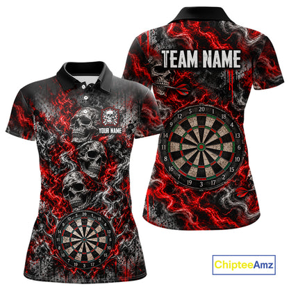 Red Fire Triple Skull Darts Polo Shirt For Women Custom Quarter Zip Dart Board Tournament Jersey NHT1801