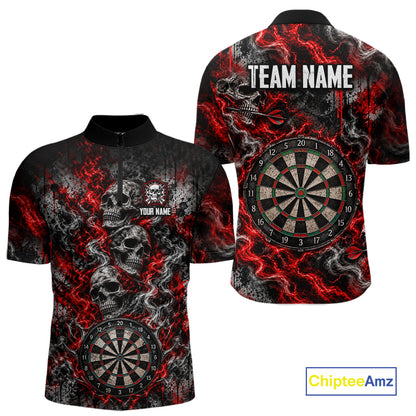 Red Fire Triple Skull Darts Polo Shirt For Men Custom Quarter Zip Dart Board Tournament Jersey NHT1801