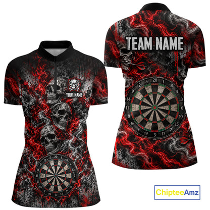 Red Fire Triple Skull Darts Polo Shirt For Women Custom Quarter Zip Dart Board Tournament Jersey NHT1801