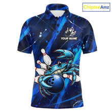 Load image into Gallery viewer, Personalized Blue Crab Bowling Shirt, Custom Royal Blue Splatter Jersey Polo &amp; Quarter-Zip 