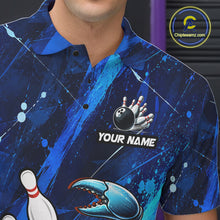 Load image into Gallery viewer, Blue bowling-themed shirt with graphics and 'Your Name' text on a dark background