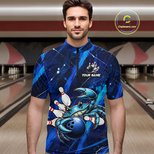 Load image into Gallery viewer, Man wearing a blue bowling jersey with a crab design in a bowling alley.