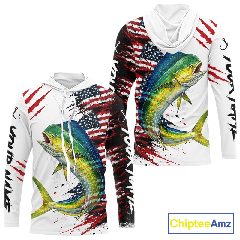 Mahi Mahi Fishing Jersey Design American Flag Long Sleeve Hooded Fishing Shirt For Men NHT1458