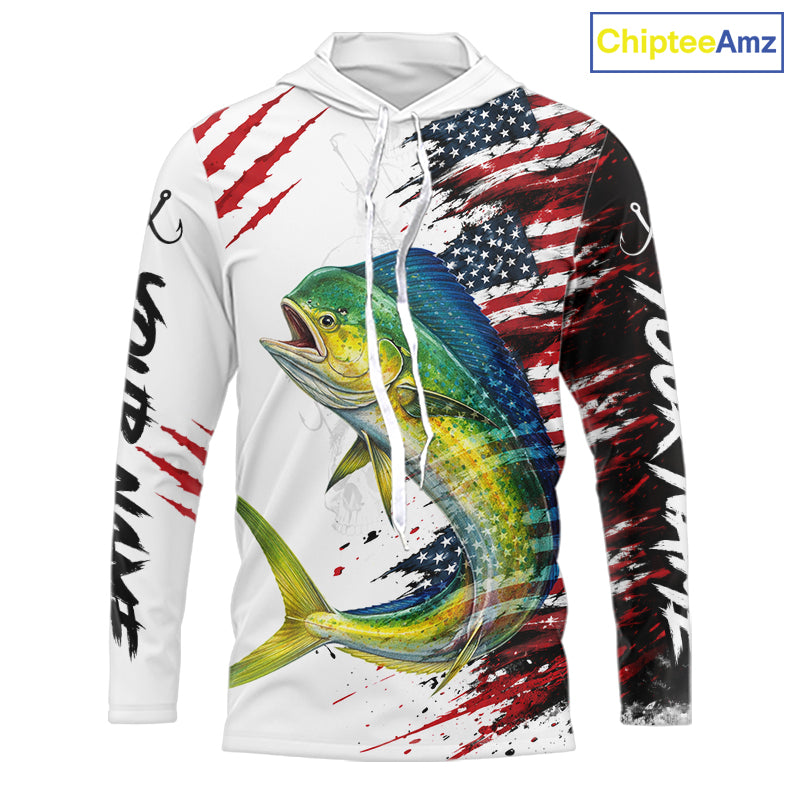 Mahi Mahi Fishing Jersey Design American Flag Long Sleeve Hooded Fishing Shirt For Men NHT1458