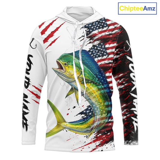 Mahi Mahi Fishing Jersey Design American Flag Long Sleeve Hooded Fishing Shirt For Men NHT1458