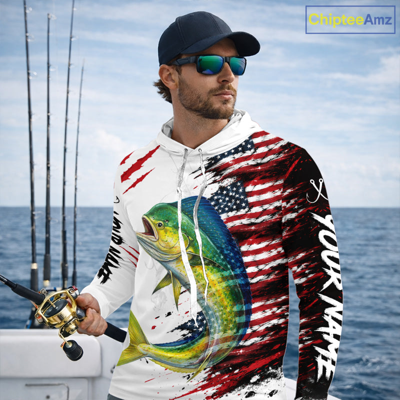 Mahi Mahi Fishing Jersey Design American Flag Long Sleeve Hooded Fishing Shirt For Men NHT1458
