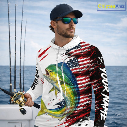 Mahi Mahi Fishing Jersey Design American Flag Long Sleeve Hooded Fishing Shirt For Men NHT1458
