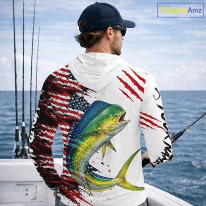 Mahi Mahi Fishing Jersey Design American Flag Long Sleeve Hooded Fishing Shirt For Men NHT1458