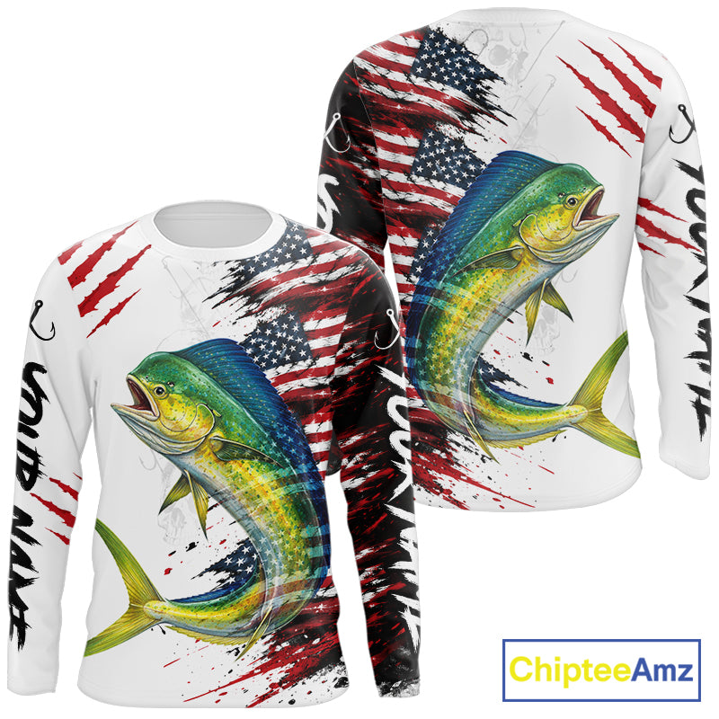 Mahi Mahi Fishing Jersey Design American Flag Long Sleeve Fishing Shirt For Men NHT1458