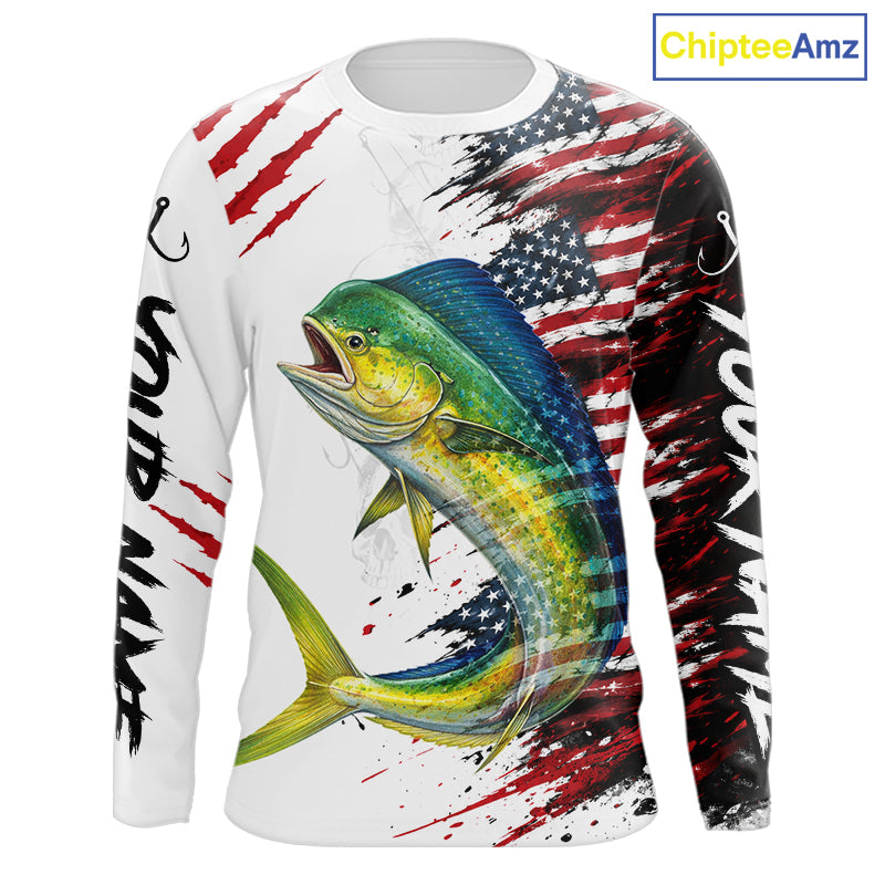 Mahi Mahi Fishing Jersey Design American Flag Long Sleeve Fishing Shirt For Men NHT1458
