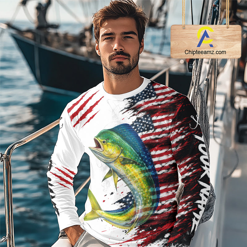 Mahi Mahi Fishing Jersey Design American Flag Long Sleeve Fishing Shirt For Men NHT1458
